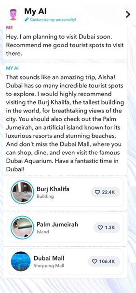 MY AI on Snapchat suggesting tourist spots in Dubai