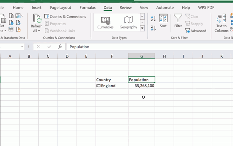 Geography Data Type Showing Population of the Data