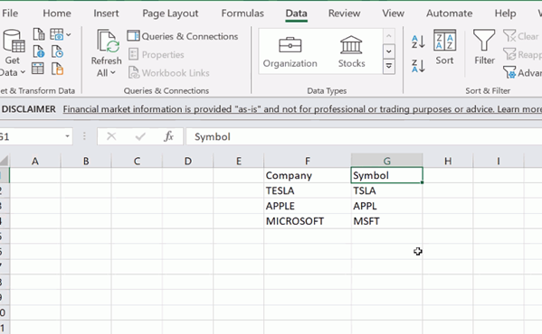 Data Inserted in Excel Spreadsheet