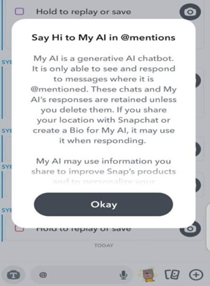 A message by Snapchat about MY AI in @mentions