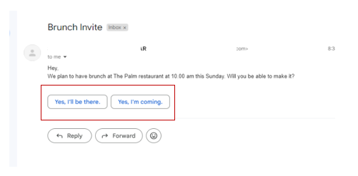 Smart Reply options to a brunch invite by AI in Gmail