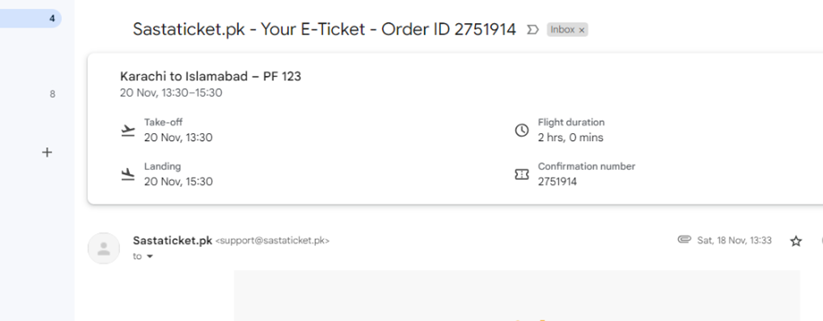 Flight reservation summary card in Gmail