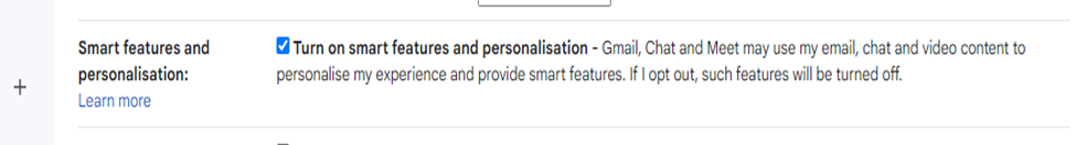 Smart features and personalization option in Gmail