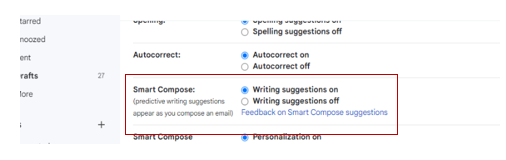 Smart Compose Option in Gmail Settings
