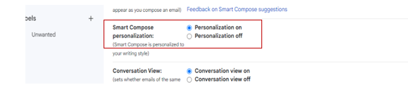 Smart Compose Personalization Option in Gmail Settings