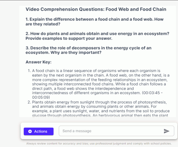 Magic School generates questions from a YouTube video about the food web