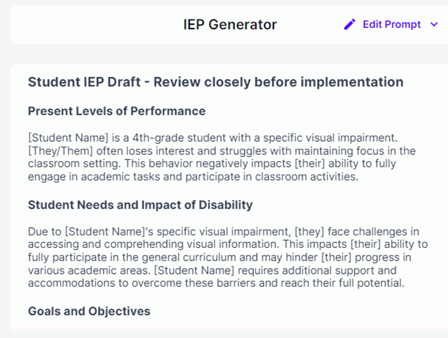 AI Magic tool generates IEP for visually impaired  student