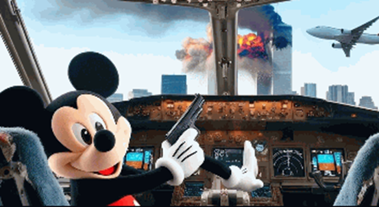 Bing AI creates an image where Mickey Mouse is pointing guns at Twin Towers