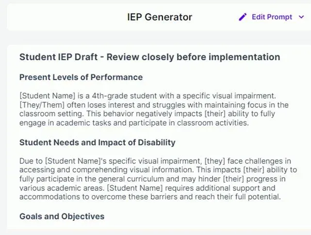 AI Magic tool generates IEP for visually impaired student