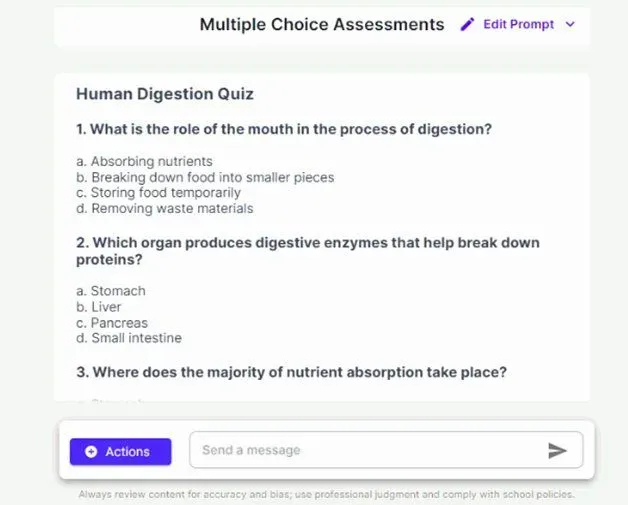 AI Magic tool generates Multiple Choice Assessment on Human Digestion