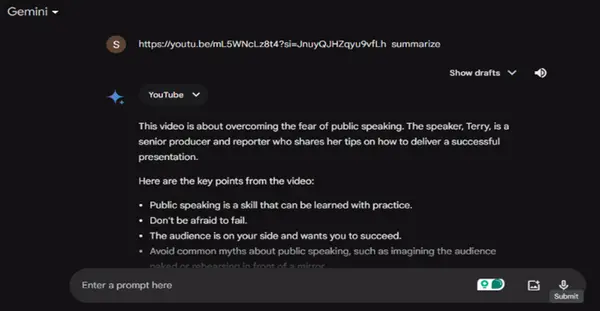 Google Gemini summarizes a video about overcoming the fear of public speaking