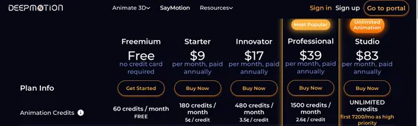 Pricing plans for DeepMotion