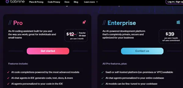 Tabnine Pricing Pro and Enterprise