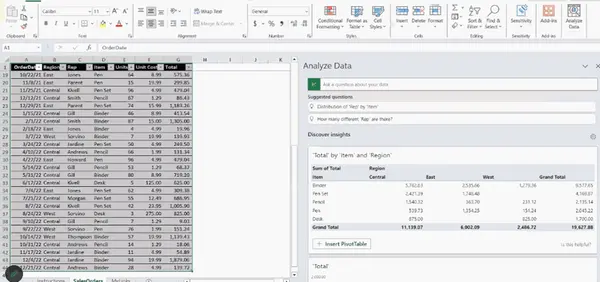 Analyze Data Pane on the Right