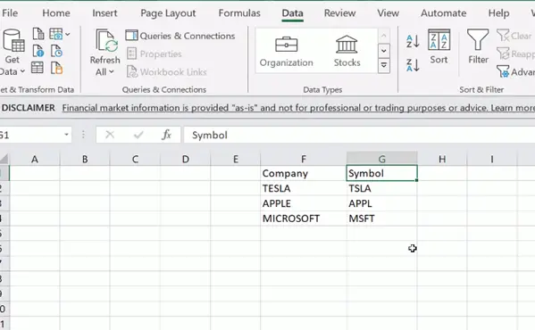 Data Inserted in Excel Spreadsheet