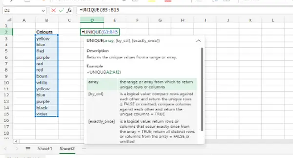 Dynamic Array UNIQUE Function in Cell D2