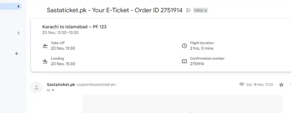 Flight reservation summary card in Gmail