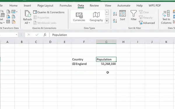 Geography Data Type Showing Population of the Data