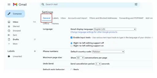 Gmail General Settings Tab