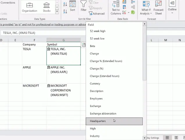 Insert Button Showing Fields Related to Stock Market