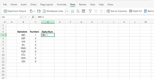 Output Data inserted in cell D4