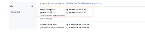Smart Compose Personalization Option in Gmail Settings