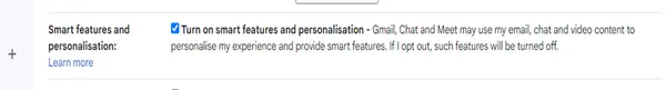 Smart features and personalization option in Gmail