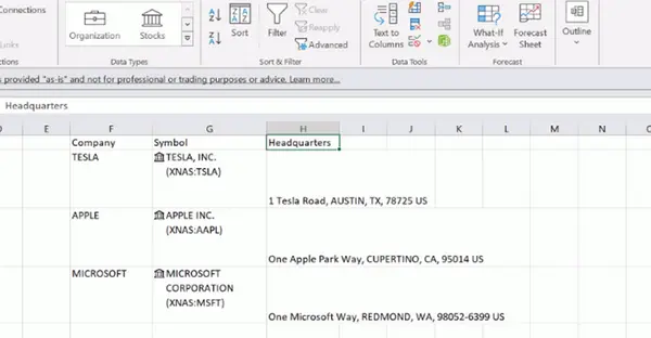 Stock Data type showing Headquarters of the Companies